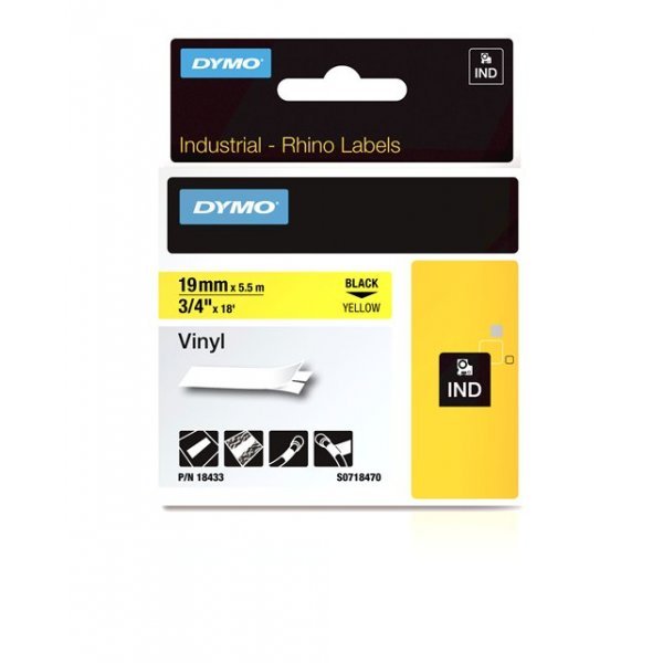 TAŚMA WINYLOWA Z TRWAŁYM KLEJEM CZARNA NA ŻÓŁTYM 19MM x 5,5MB RHINO - 18433 - DYMO