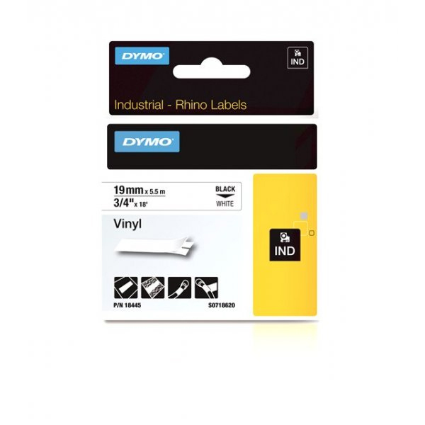 TAŚMA WINYLOWA Z TRWAŁYM KLEJEM CZARNA NA BIAŁYM 19MM x 5,5MB RHINO - 18445 - DYMO