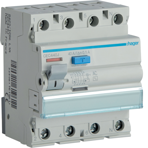 WYŁĄCZNIK RÓŻNICOWY 40A /100MA 4-POLOWY TYP AC RCCB - CEC440J - HAGER