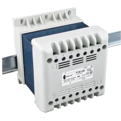 TRANSFORMATOR JEDNOFAZOWY IP21 NA SZYNĘ TH-42 PTM 320 230/230V - 16052-9950 - BREVE