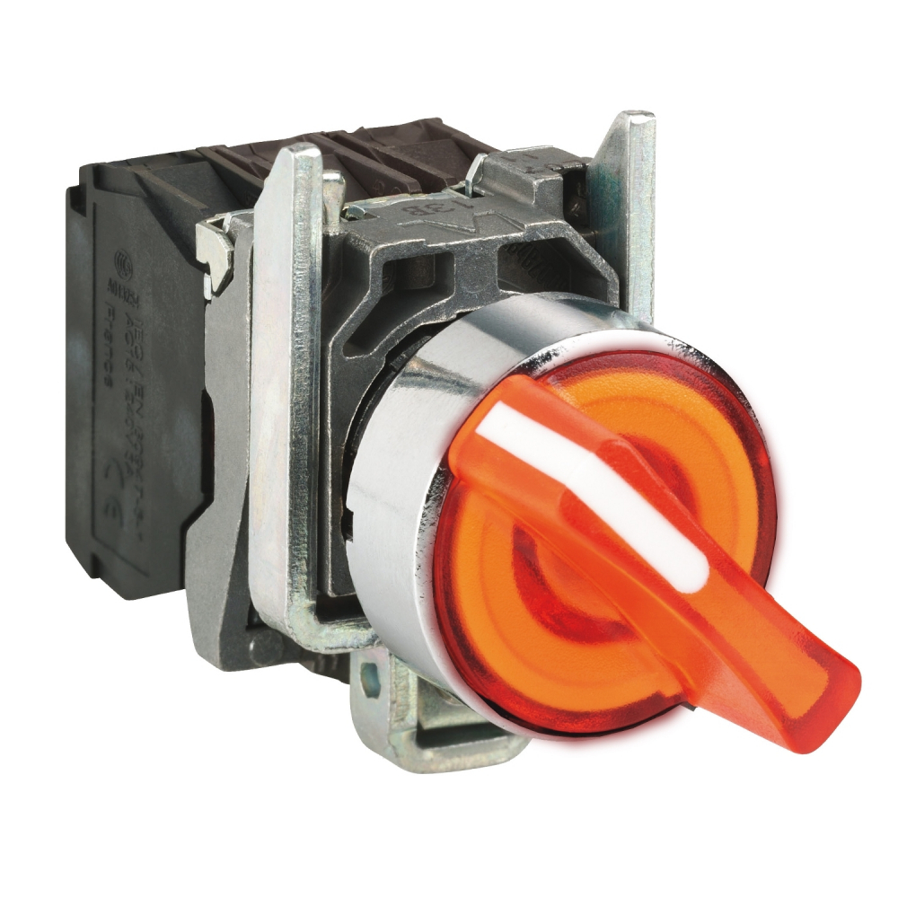 PRZEŁĄCZNIK PODŚWIETLANY DWUPOŁOŻENIOWY LED PIORKO KRÓTKIE METALOWY STABILNY 24V ŻÓŁTY - XB4BK125B5 - SCHNEIDER ELECTRIC