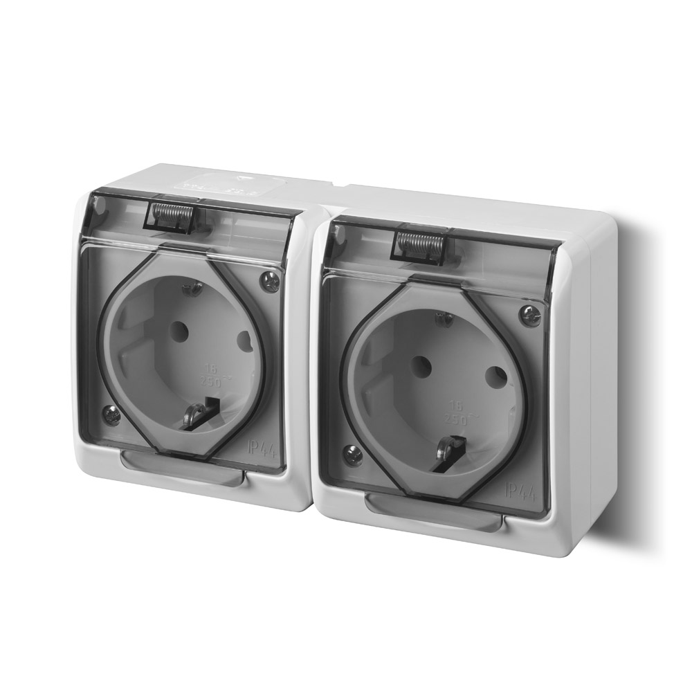 GNIAZDO PODWÓJNE Z UZIEMIENIEM SCHUKO IP44 BIAŁO-DYMNY HERMES - 0325-01 - ELEKTRO-PLAST NASIELSK