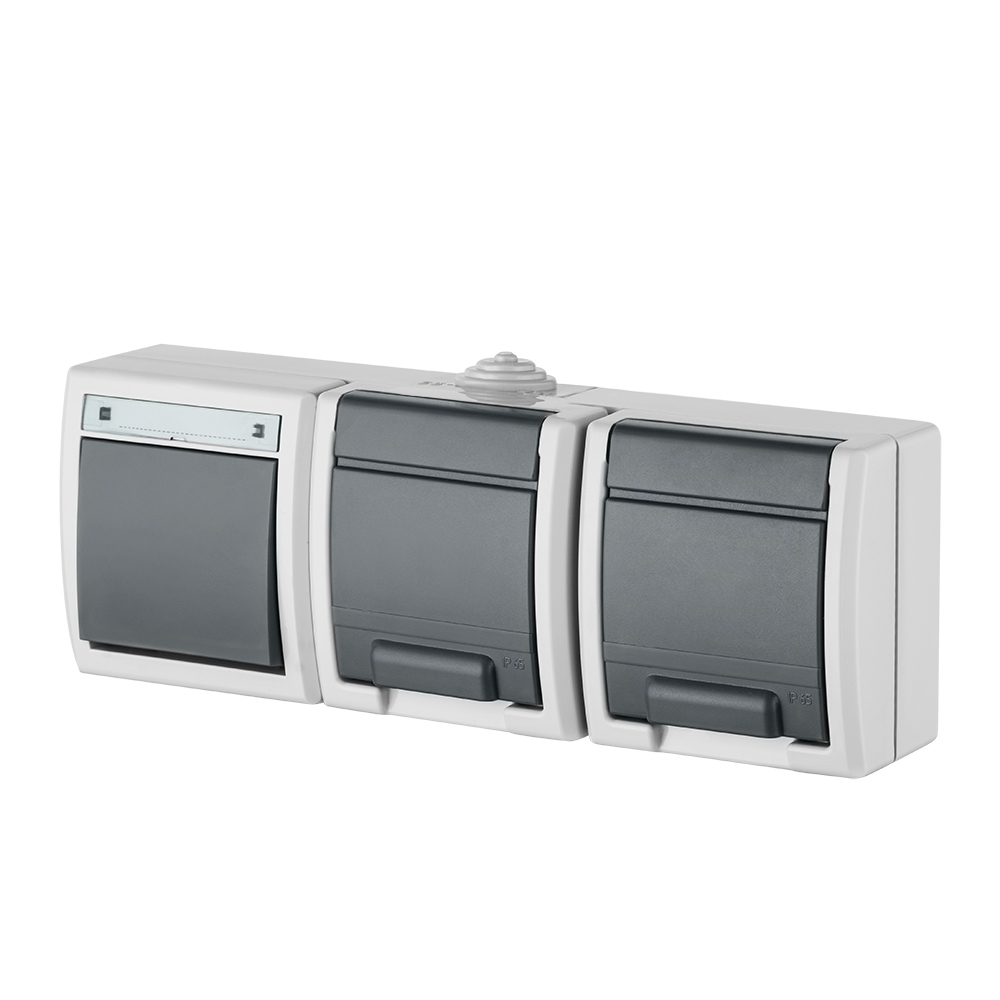 AQUANT zestaw natynkowy poziomy łącznik 1-biegunowy(schodowy)+gniazdo podwójne z uziemieniem 2x2P+Z IP 55 SZARY 7035/7043 - 1249-10 - ELEKTRO-PLAST NASIELSK