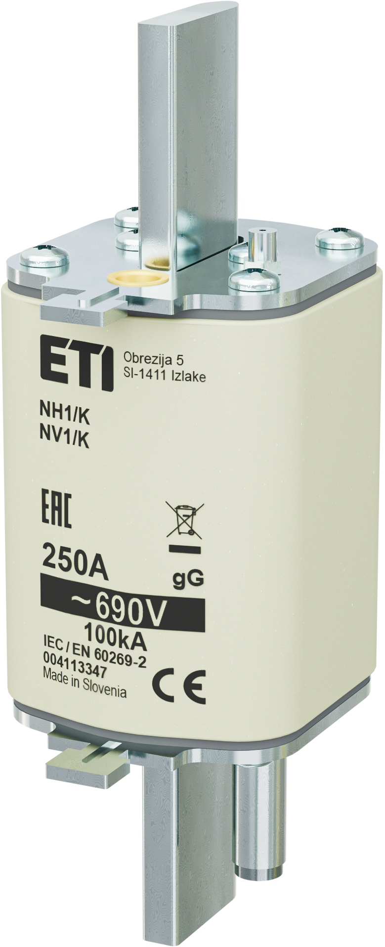 WKŁADKA TOPIKOWA NH - ZWŁOCZNA / Z WYBIJAKIEM NH1/K GG 250A/690V - 004113347 - ETI