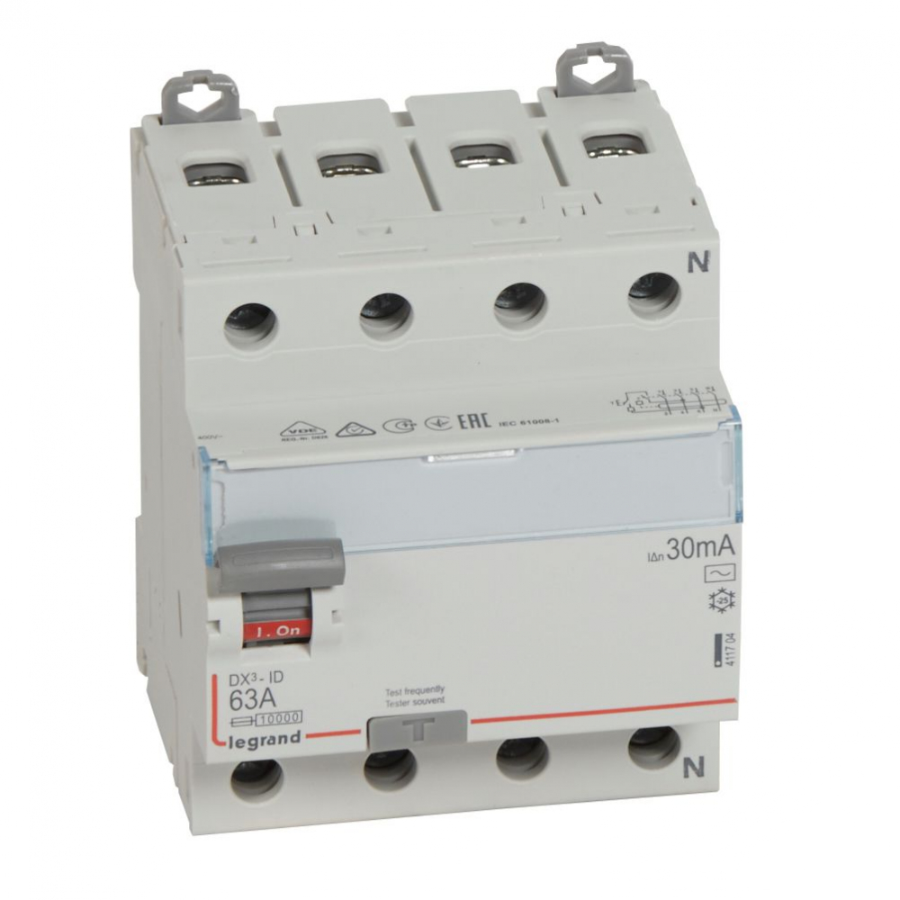 WYŁĄCZNIK RÓŻNICOWY 63A 30MA 4-POLOWY TYP AC SERII DX3 P304 - 411704 - LEGRAND
