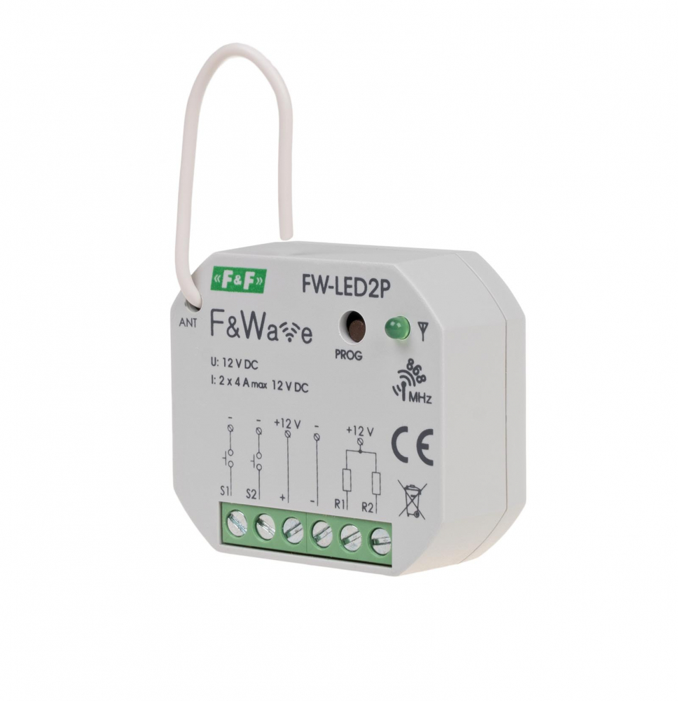 Radiowy dwukanałowy sterownik LED 12V - montaż PDT 10÷16V DC - FW-LED2P - F&F