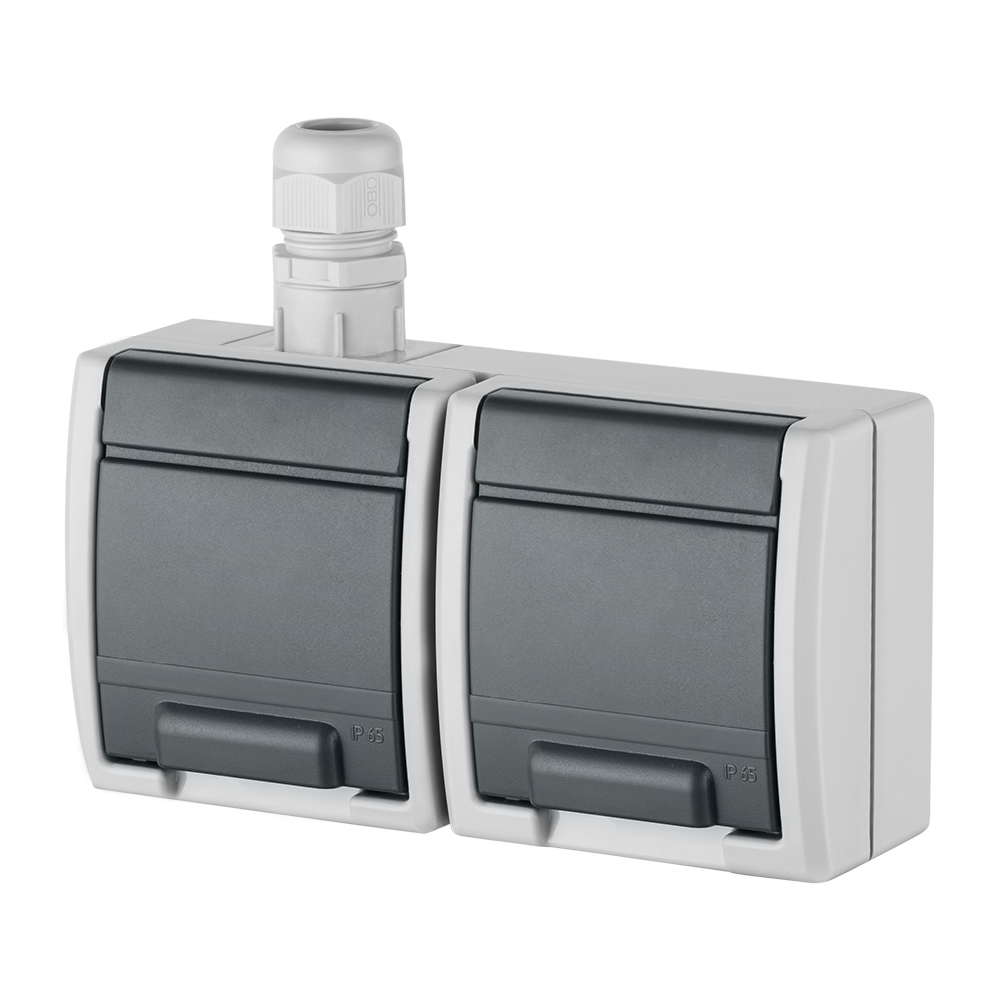 AQUANT gniazdo natynkowe podwójne z uziemieniem 2x2P+Z poziom IP 65 SZARY 7035/7043 - 1242-65 - ELEKTRO-PLAST NASIELSK