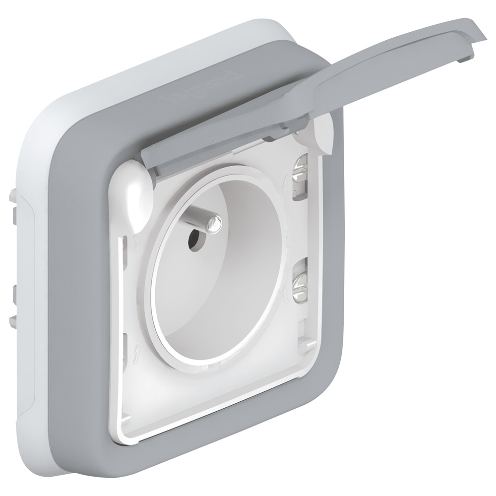 GNIAZDO POJEDYNCZE Z UZIEMIENIEM 2P+Z Z KLAPKĄ ZACISKI AUTOMATYCZNE 16A 250V IP55 SZARY PLEXO55 - 069831 - LEGRAND