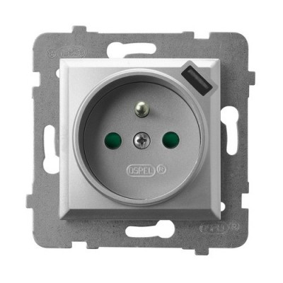 GNIAZDO POJEDYNCZE Z UZIEMIENIEM 2P+Z Z PRZESŁONAMI ZACISKI AUTOMATYCZNE Z ŁADOWARKĄ USB 16A/230 USB 5V/2.1A IP20 SREBRNY ARIA - GP-1UZPUSB/m/18 - OSPEL