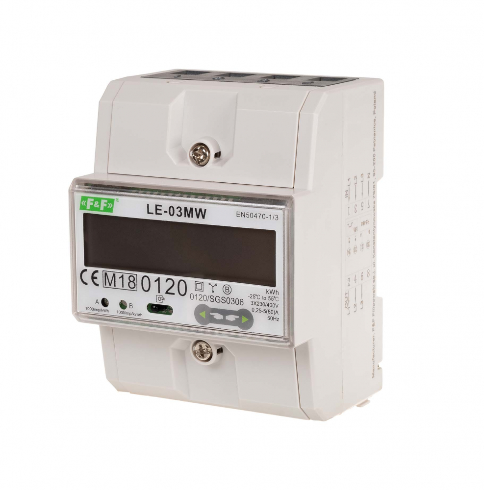Dwutaryfowy licznik energii elektrycznej, 3-fazowy, 2-kierunkowy z Modbus RTU, do pomairu bezpośredniego - LE-03MW - F&F