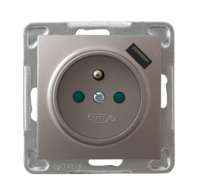 GNIAZDO POJEDYNCZE Z UZIEMIENIEM 2P+Z Z PRZESŁONAMI ZACISKI AUTOMATYCZNE Z ŁADOWARKĄ USB 16A/230 USB 5V/2.1A IP20 TYTAN IMPRESJA - GP-1YZPUSB/m/23 - OSPEL