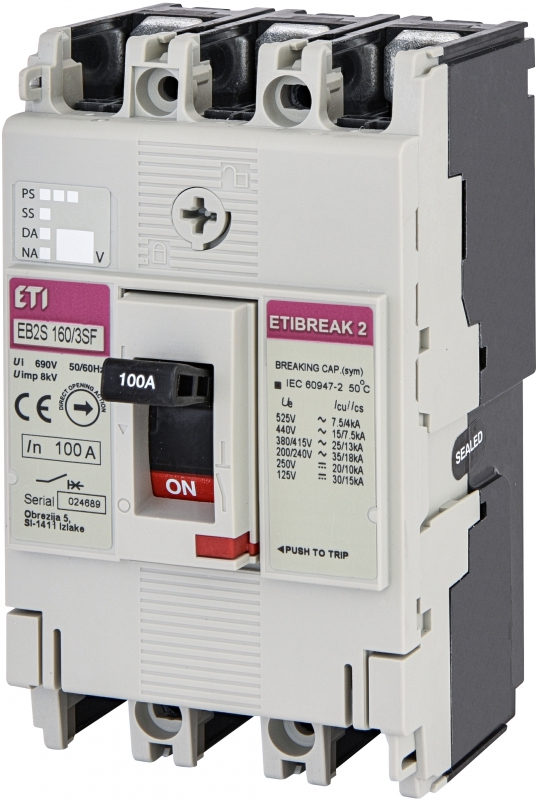 WYŁĄCZNIK MOCY 3P, 25KA, WYZW. TM (BEZ REGULACJI) EB2S 160/3SF 100A 3P - 004671835 - ETI