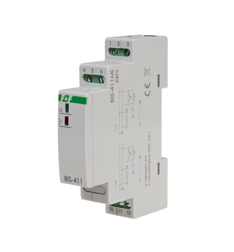 Przekaźnik bistabilny z pamięcią, montaż na szynie DIN, 230V, z przekaźnikiem inrush 160A/20ms - BIS-411M-LED - F&F