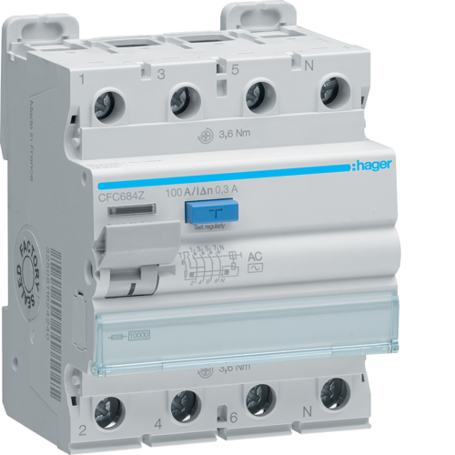 RCCB Wyłącznik różnicowoprądowy 3P+N 100A 300mA 10kA AC - CFC684Z - HAGER