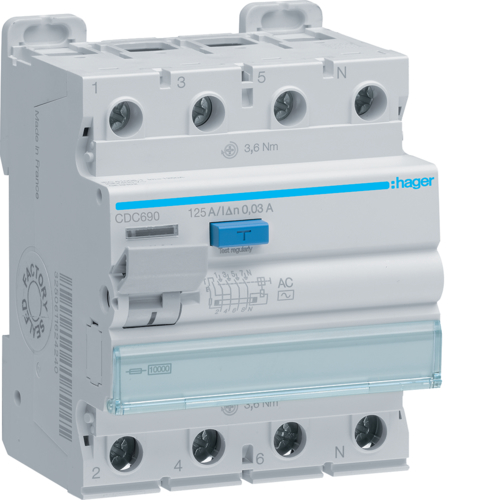 RCCB Wyłącznik różnicowoprądowy 3P+N 125A 30mA 10kA AC - CDC690 - HAGER