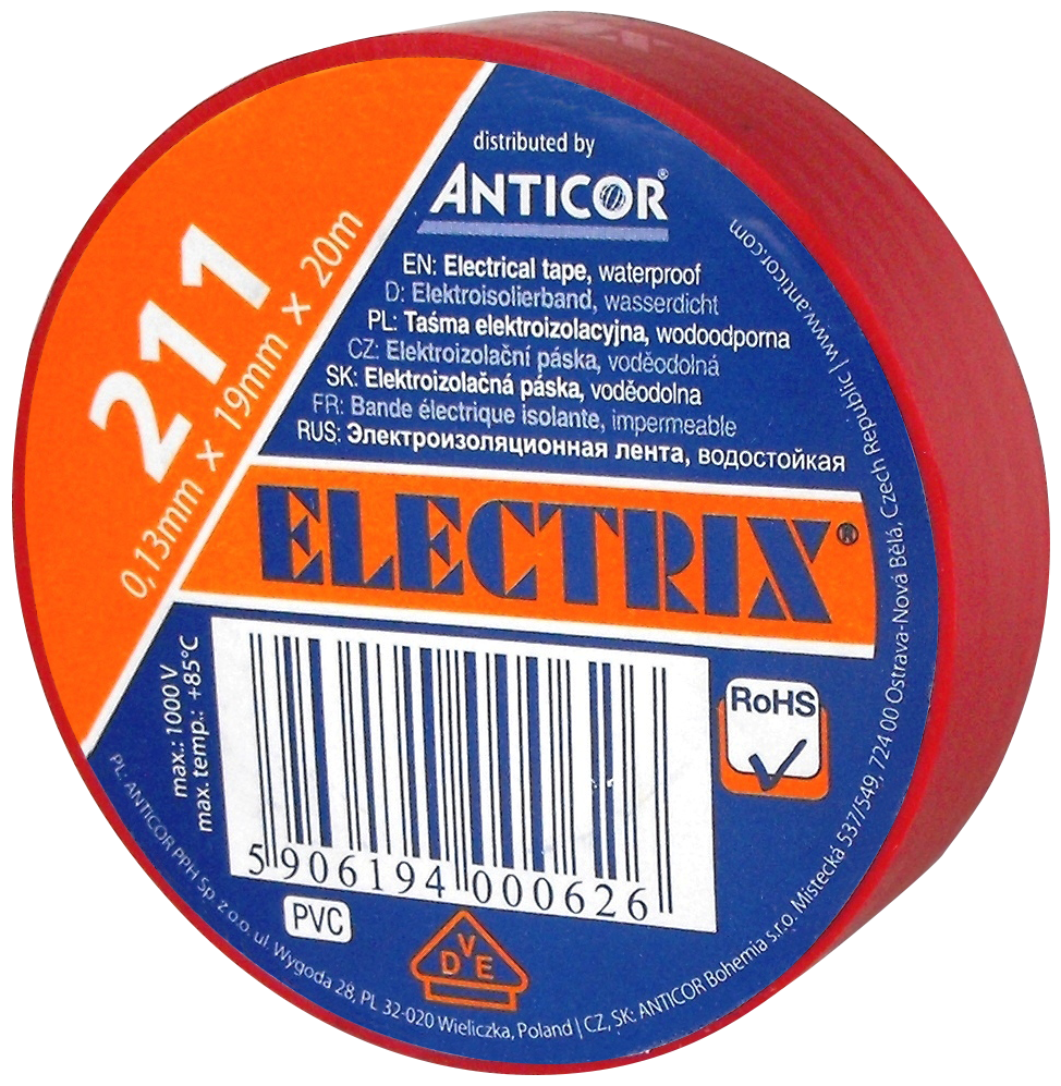 TAŚMA ELEKTROIZOLACYJNA 19X20 CZERWONA ELECTRIX 211 - PE-2112002-0019020 - ANTICOR