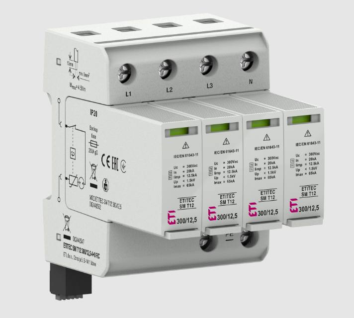 OGRANICZNIK PRZEPIĘĆ T1, T2 (B, C) - BEZ PRĄDU UPŁYWU ETITEC SM T12 300/12,5 4+0 RC - 002440547 - ETI