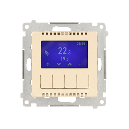 Termostat programowalny z wyświetlaczem z wew/zewn czujnikiem temperatury, bez sondy (moduł) 16(2) A, 230V~; krem - DETD1A.01/41 - KONTAKT SIMON
