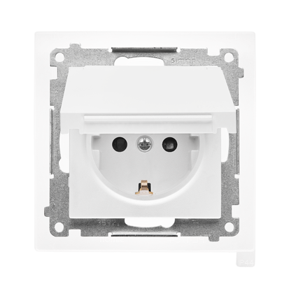 Gniazdo Schuko do wersji IP44 z przesłonami z uszczelką ramki (moduł) 16 A, 250 V~, szybkozłącza. Klapka w kolorze pokrywy; Jasnoszary mat Simon 55 - TGSZ1BCZ.01/114 - KONTAKT SIMON