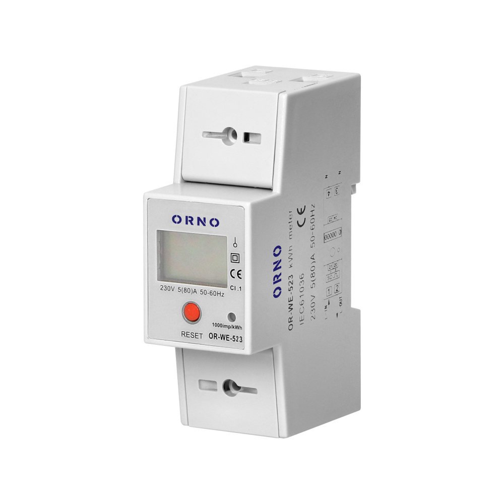 1-fazowy wskaźnik zużycia energii elektrycznej, 80A, MID, dodatkowy wskaźnik, wyjście impulsowe, przycisk RESET, 2 moduły, DIN TH-35mm - OR-WE-523 - ORNO