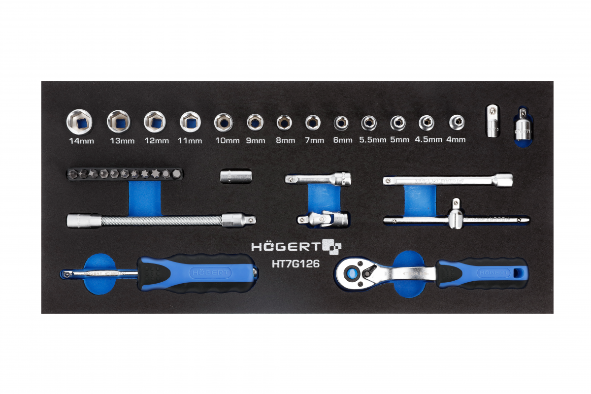 Zestaw narzędzi z grzechotką 1/4", 34 szt., wkład EVA - HT7G126 - HOGERT