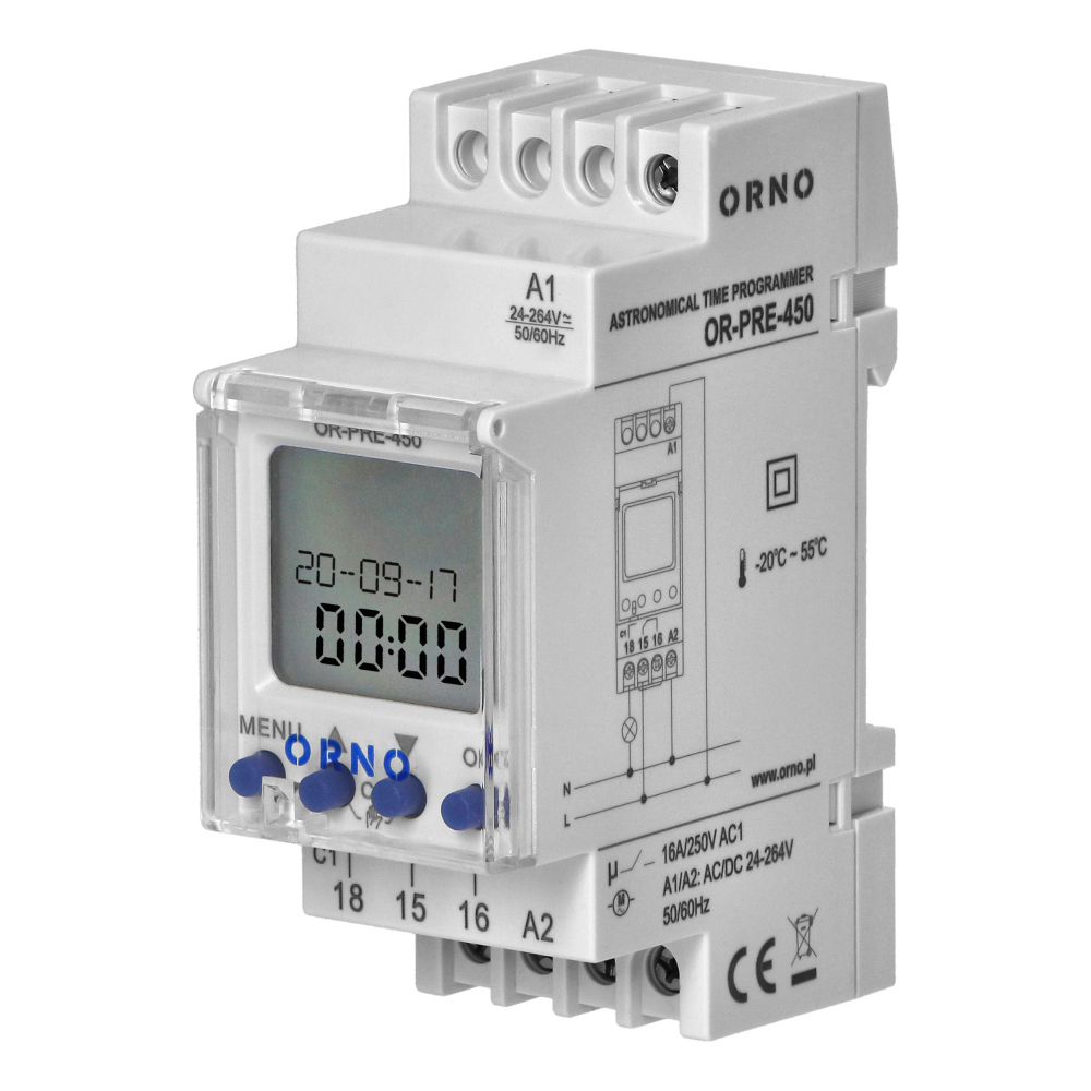 Elektroniczny programator czasowy, 100 programów, 3 języki menu, 1 wyjśćie przekaźnikowe 16A/230V, szerokość 2 moduły, DIN TH-35mm - OR-PRE-450 - ORNO