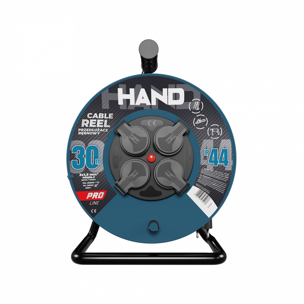 Przedłużacz bębnowy 4x2p+Z IP44 16A H05RR-F 3x1,5; 30m CZARNY HAND PRO LINE - PB-PRO/D/30M/3X1,5/H05RR-F HAND - PLASTROL