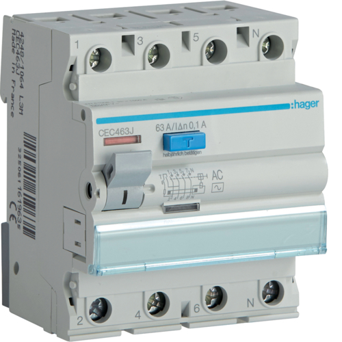 WYŁĄCZNIK RÓŻNICOWY 63A/ 100MA 4-POLOWY TYP AC RCCB - CEC463J - HAGER