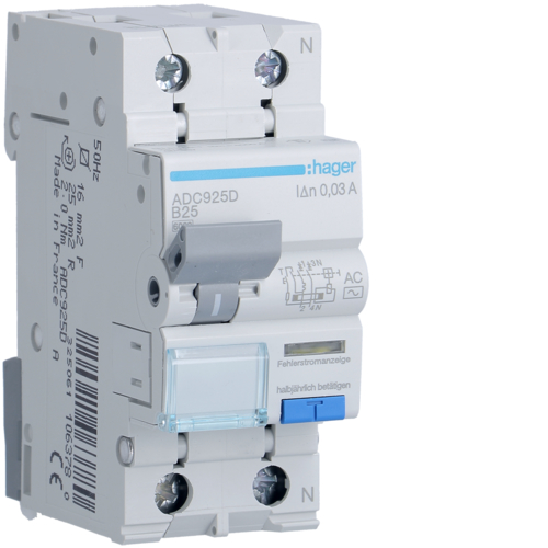 WYŁĄCZNIK RÓŻNICOWY Z CZŁONEM NADPRĄDOWYM B 25A/30MA 2 BIEGUNY TYP AC RCBO - ADC925D - HAGER