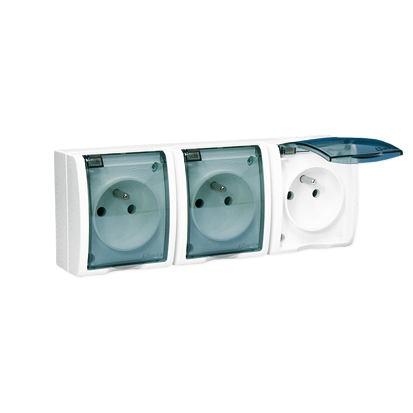 GNIAZDO POTRÓJNE Z UZIEMIENIEM 3X2P+Z WTYCZKOWE BRYZGOSZCZELNE Z PRZESŁONAMI Z KLAPKĄ ZACISKI ŚRUBOWE 16A 250V IP54 BIAY AQUARIUS - AQGZ1-3/11A - KONTAKT SIMON