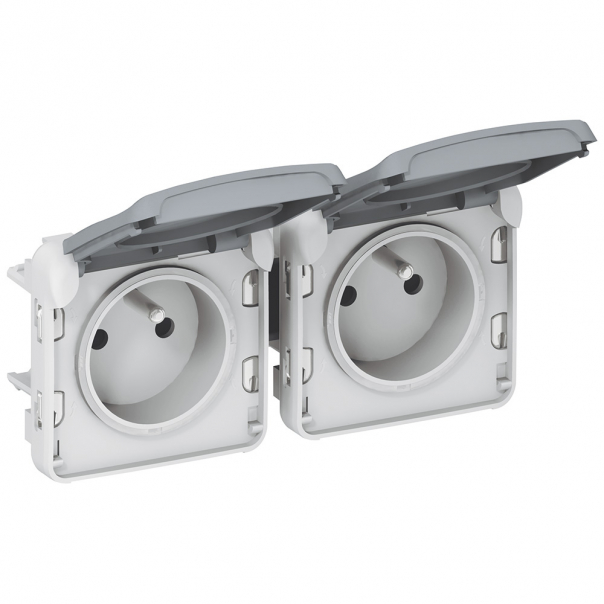 GNIAZDO PODWÓJNE Z UZIEMIENIEM 2X2P+Z POZIOME ZACISKI AUTOMATYCZNE 16A 250V IP55 SZARY PLEXO55 - 069562 - LEGRAND