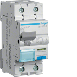 WYŁĄCZNIK RÓŻNICOWY Z CZŁONEM NADPRĄDOWYM 1-POLOWY Z TOREM NEUTRALNYM 10KA B 16A/30MA TYP A RCBO  - ADA516D - HAGER