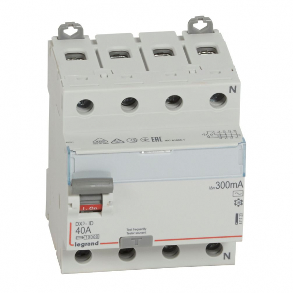 WYŁĄCZNIK RÓŻNICOWY 40A 300MA 4-POLOWY TYP AC SERII DX3 P304 - 411723 - LEGRAND