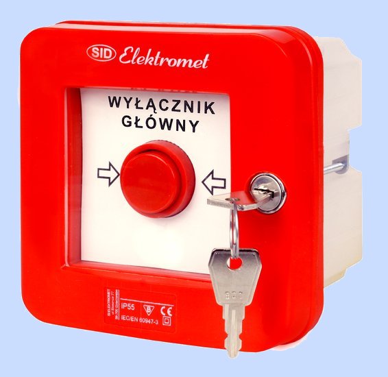 WYŁĄCZNIK ALARMOWY SAMOCZYNNY P/T Z ZAMKIEM I MŁOTECZKIEM 4 TORY PRĄDOWE 12A NC-NO NC-NO WGZP-4S  - 921546 - ELEKTROMET DZIERŻONIÓW