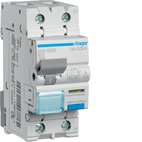 WYŁĄCZNIK RÓŻNICOWY Z CZŁONEM NADPRĄDOWYM 1P+N 10KA B 32A/30MA TYP A RCBO  - ADA532D - HAGER