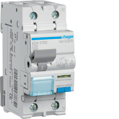 WYŁĄCZNIK RÓŻNICOWY Z CZŁONEM NADPRĄDOWYM 1P+N 10KA C 20A/30MA TYP A RCBO  - ADA570D - HAGER