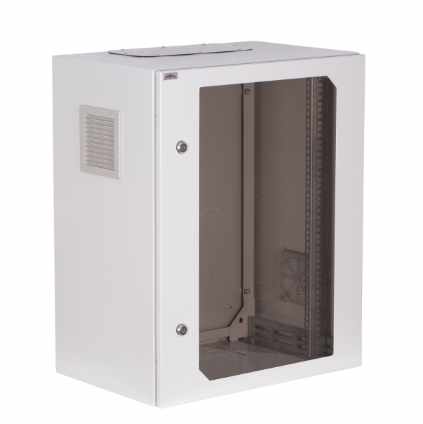 SZAFA WISZĄCA 19" 18UX600X600 MM IP 54, ŚCIANY BOCZNE PEŁNE, DRZWI Z SZYBĄ, WEWNĘTRZNA, RAL 9002 - SWK19-18U-60-DS-W - SABAJ