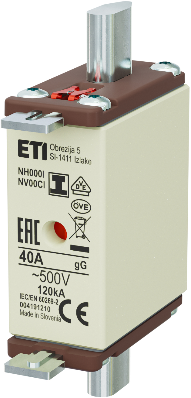WKŁADKA TOPIKOWA NH - ZWŁOCZNA / KOMBI / ZACZEPY IZOLOWANE NH000/I GG 40A/500V - 004191210 - ETI