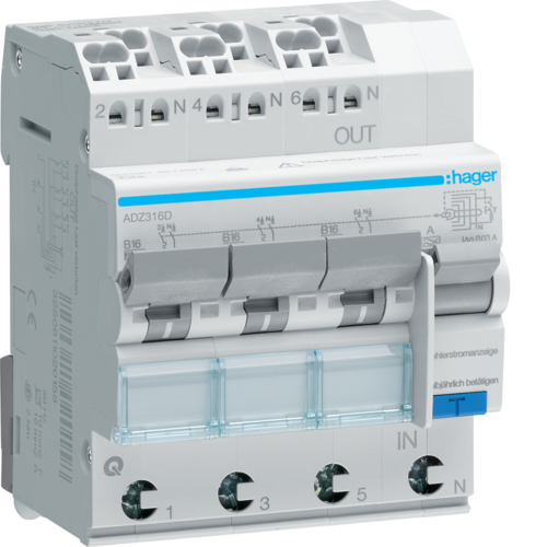 WYŁĄCZNIK RÓŻNICOWY RCBO 3 - 3 X 1P+N 6KA B-16A 30MA A QC/QBB. - ADZ316D - HAGER