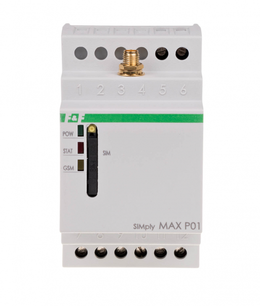 Przekaźnik zdalnego sterowania GSM (SMS); 4xWY, 4xWE; załącz/wyłącz/powiadom; 230V AC; 4x1NO; montaż na szynie DIN - SIMplyMAX-P04 - F&F