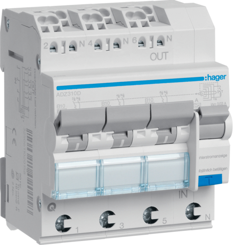 WYŁĄCZNIK RÓŻNICOWY Z CZŁONEM NADPRĄDOWYM 3X1P+N 6KA B 10A/30MA TYP A QC/QBB RCBO . - ADZ310D - HAGER