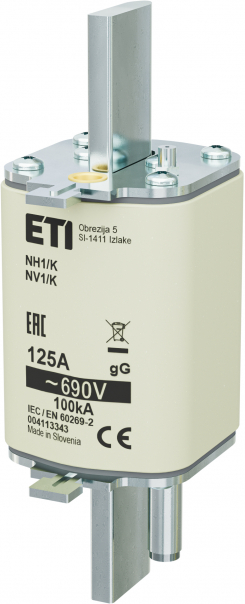 WKŁADKA TOPIKOWA NH - ZWŁOCZNA / Z WYBIJAKIEM NH1/K GG 125A/690V - 004113343 - ETI