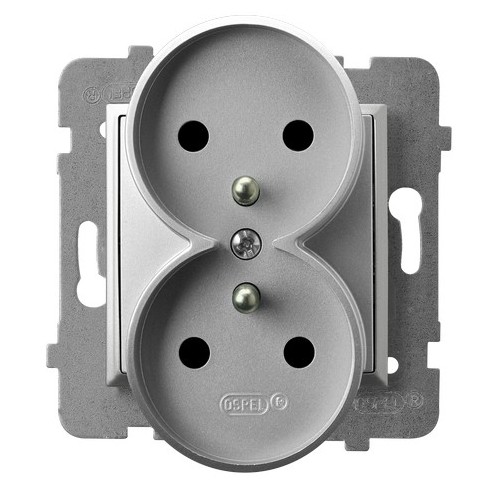GNIAZDO PODWÓJNE Z UZIEMIENIEM 2X2P+Z ZACISKI ŚRUBOWE 16A 250V IP20 SREBRNY ARIA - GP-2URZ/m/18 - OSPEL
