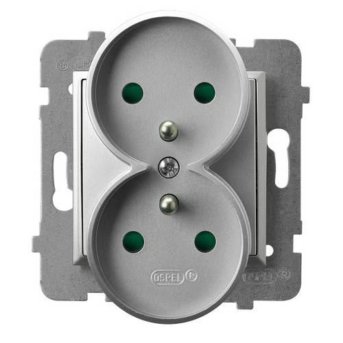 GNIAZDO PODWÓJNE Z UZIEMIENIEM 2X2P+Z Z PRZESŁONAMI ZACISKI ŚRUBOWE 16A 250V IP20 SREBRNY ARIA - GP-2URZP/m/18 - OSPEL