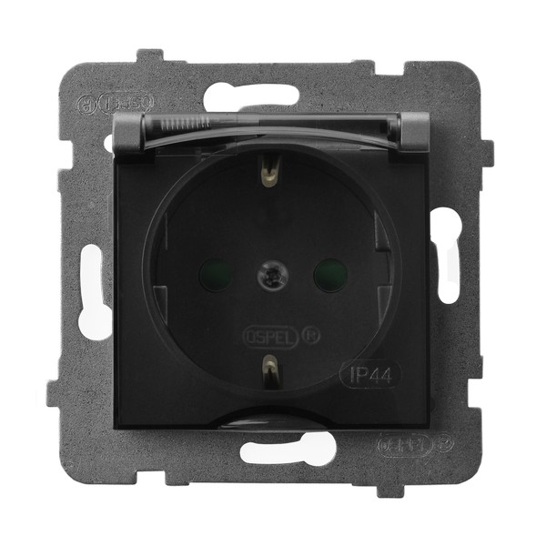 Gniazdo bryzgoszczelne z uziemieniem schuko IP-44 z przesłonami torów prądowych wieczko przezroczyste SZARY MAT ARIA - GPH-1USP/m/70/d - OSPEL