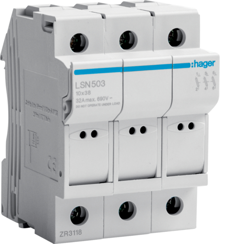 MODUŁ PODSTAWOWY BEZPIECZNIKA 3P L38 10X38MM 32A 690V - LSN503 - HAGER