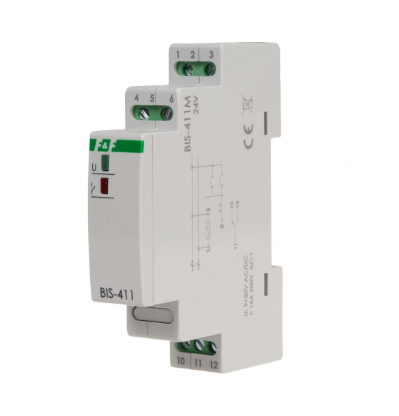 Przekaźnik bistabilny z pamięcią 9&divide;30 V AC/DC, montaż na szynie DIN,  - BIS-411M-24V - F&F