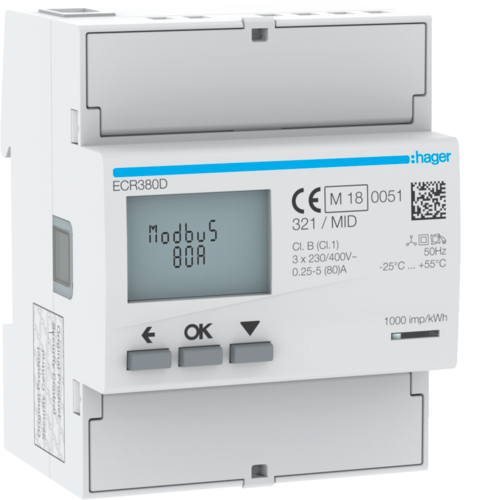 Licznik energii elektrycznej 3-fazowy, 80A 4M, Modbus, MID agardio.measure. - ECR380D - HAGER