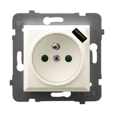 GNIAZDO POJEDYNCZE Z UZIEMIENIEM 2P+Z Z PRZESŁONAMI ZACISKI AUTOMATYCZNE Z ŁADOWARKĄ USB 16A/230 USB 5V/2.1A IP20 ECRU ARIA - GP-1UZPUSB/m/27 - OSPEL