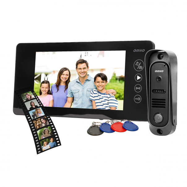 Zestaw wideodomofonowy bezsłuchawkowy, kolor,7  CALI LCD, pin hole, pamięć, z czytnikiem breloków zbliżeniowych, czarny, ARCUS RFID - OR-VID-JS-1053/B - ORNO